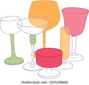 illustration of different types of  wine and cocktail glasses
