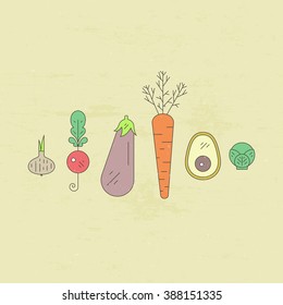 Illustration of different vegetables made in line style vector. Healthy food illustration. Vegetarian diet concept. Organic market design element.