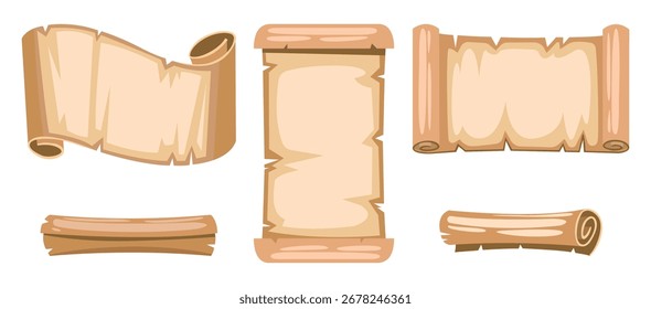 Ilustración de diferentes diseños de papel scroll de estilo vintage, mostrando configuraciones enrolladas y planas útiles para varios propósitos decorativos o de diseño.