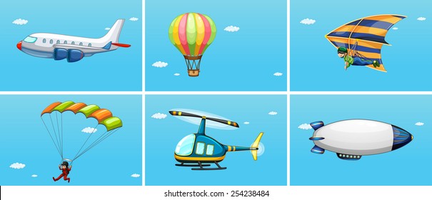 Illustration of different ways of transportations in the sky