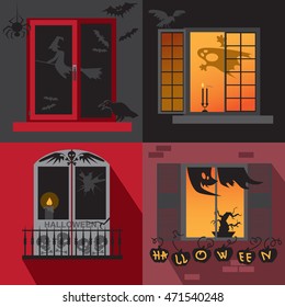 illustration with different Windows decorated for Halloween