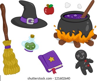 Illustration of Different Witchcraft Items Design Elements