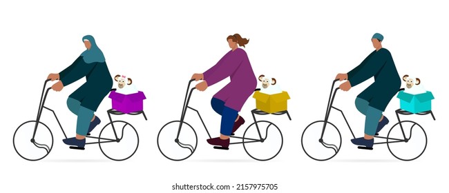 Illustration Of Diffrent Muslim Chartoon Character Driving a Bicycle with Sheep in Box On White Background.