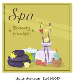illustration with diffuser, spa stones, candles, vector
