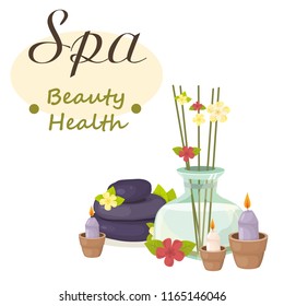 illustration with diffuser, spa stones, candles, vector