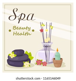 illustration with diffuser, spa stones, candles, vector