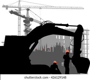 illustration with digger in front of house building and cranes 