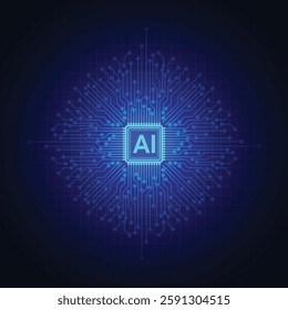 illustration of Digital artificial intelligence chipset on a shiny circuit line board in a futuristic technology concept on a dark blue background . Vector eps 10