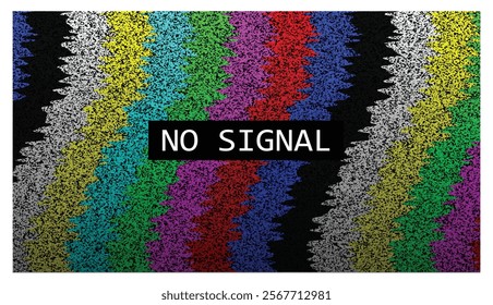 An illustration of digital artwork depicting a "No Signal" TV screen with colorful static interference and a bold black box displaying the text "NO SIGNAL" in white. The image mimics the classic