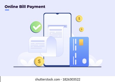 Illustration Digital bill on smartphone, online bill payment. Online invoice payment, electronic invoice, Flat illustration vector. E Commerce invoice online. Landing page, website, promotion, apps.