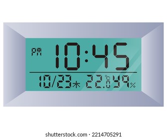 Illustration of a digital clock with calendar and thermometer and hygrometer display functions. Vector illustration of a clock face.