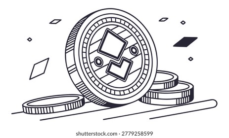 Illustration of a digital cryptocurrency coin stack with electronic wallet and digital elements, symbolizing digital currency and blockchain technology.