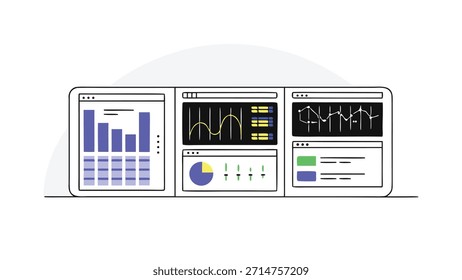 Illustration of a digital dashboard displaying various charts and graphs, isolated on a white background.