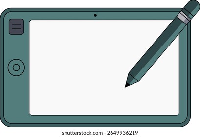 Ilustración de una tableta de dibujo digital con un lápiz sobre un fondo blanco.