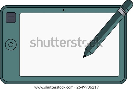 Illustration of a digital drawing tablet with a stylus on a white background.