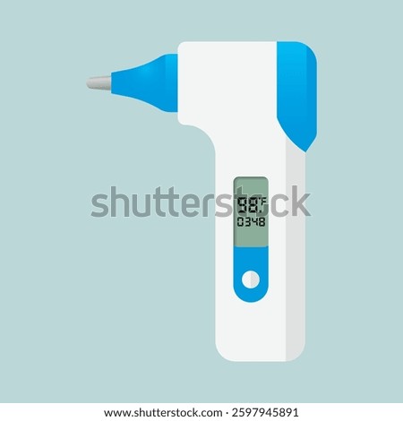 Illustration of a digital ear thermometer with an LCD screen displaying temperature. Ideal for medical, healthcare, and diagnostic use.