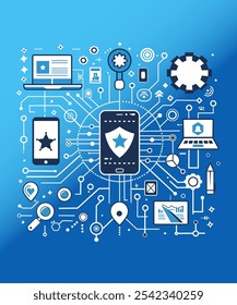 Ilustração de um ecossistema digital: Um gráfico vetorial representando tecnologias, dados e redes de comunicação interconectadas, destacando o fluxo e a organização da informação.