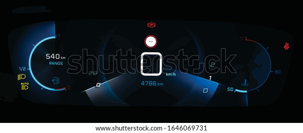Illustration of digital instrument cluster\
with speedometer in center. Simple car dashboard panel with\
tachometer, odometer, fuel and temperature gauge, seat belt\
reminder, traffic sign\
recognition.