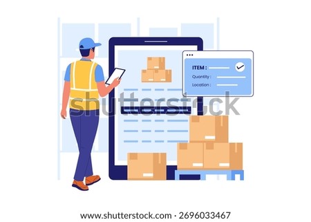 Illustration of Digital Inventory Tracking on Tablet. Warehouse Worker Checking Real-Time Stock Data and Shipments Status for Smart Logistics Management System