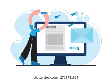 Illustration of digital invoice sending process with email, paper plane, online billing system, financial documentation, and automated invoicing tools for business finance and accounting workflow.