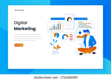 Illustration of digital marketing analyst landing page template. Modern flat design concept business marketing strategy, business analysis for web page, mobile applications, posters, banners