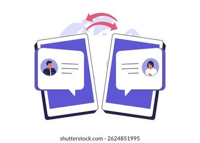 Illustration of Digital Messaging Between Devices Over the Internet. Illustrations for websites, landing pages, mobile apps, posters and banners
