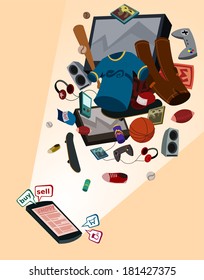 illustration of digital shop for boys by smartphone with various thing flew above