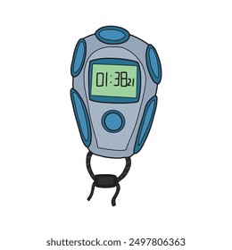 Illustration of a digital stopwatch with a blue and grey design. The device features a display showing the time 01:38.21, with a cord attached at the bottom for easy handling.