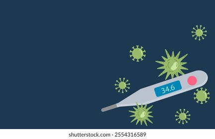 Illustration of a digital thermometer reading 34.6°C surrounded by virus particles, symbolizing health monitoring and infection control.