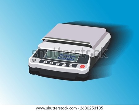 illustration digital weighing scale for laboratory research, suitable for solid, powder, or liquid samples, with long shadow and gradient background