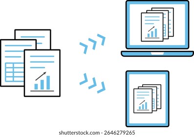 Una ilustración de digitalizar documentos de negocios en una computadora y tableta