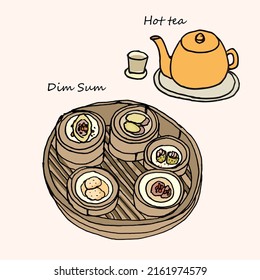 Illustration of dim sum and hot tea on cream background
