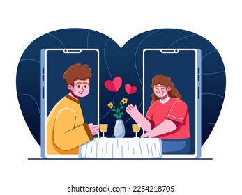 Illustration of Dinner with partner virtually.
Couple talking and dinner with partner via video chat.
Online dating mobile application concept.
Can use for animation, web, landing page, info graphic.