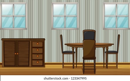 Illustration eines Esstischs und eines Schränken in einem Raum