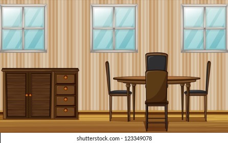 Ilustración de una mesa de comedor y un armario en una habitación