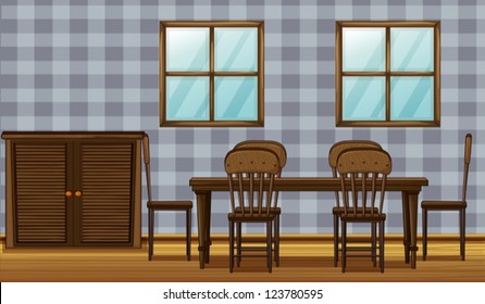 Illustration of a dinning table and wardrobe in a room