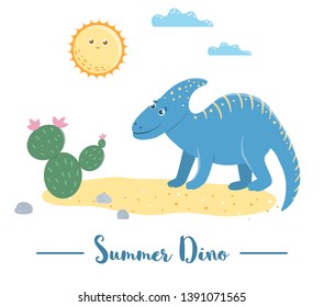 Illustration of dino in a desert under the sun with cactus. Summer scene with cute dinosaur. Funny prehistoric reptiles print for children
