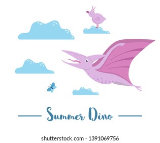 Illustration of dino flying among the clouds with bird and dragonfly. Summer scene with cute dinosaur. Funny prehistoric reptiles print for children
