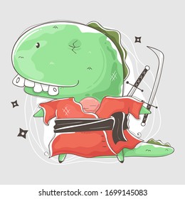 Illustration of dino holding sword and wearing ninja clothes perfect for shirts