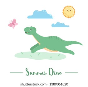 Illustration with dino running for a butterfly under the sun. Summer scene with cute dinosaur. Funny prehistoric reptiles print for children
