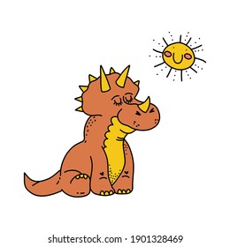 Illustration with dino sunbathing. Summer scene with cute dinosaur under the sun. Funny prehistoric reptiles print for children, vector illustration isolated on white background.