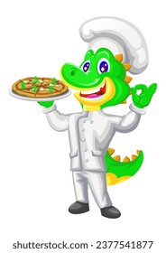 illustration of Dinosaur cartoon character with pizza and chef hat