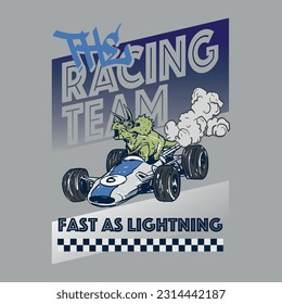 Illustration of dinosaur driving race car. For Boys t-shirt.