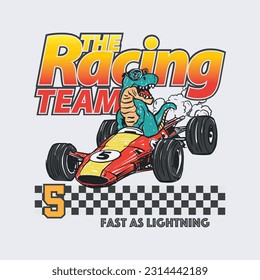 Illustration of dinosaur driving race car. For Boys t-shirt.