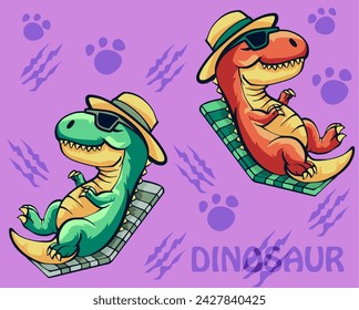 illustration of a dinosaur enjoying summer, sitting on the beach, wearing a hat and sunglasses, with two color concept, isolated vector design, perfect for print on t-shirts, stickers, merchandise