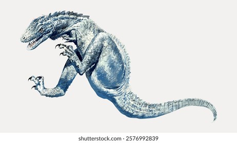 Illustration of a dinosaur, featuring a fierce dinosaur with sharp claws. The dinosaur is depicted in a dynamic pose, showcasing its powerful dinosaur form. Isolated vintage vector element.