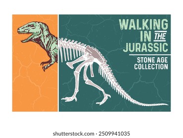 Illustration of dinosaur and fossil composition. Art with lettering. Design for printing on t-shirts, posters, etc.