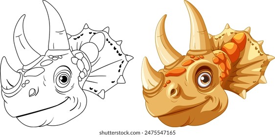 Illustration of dinosaur heads in color and outline