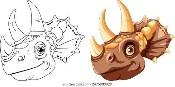 Illustration of dinosaur heads in color and outline