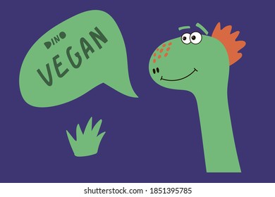 Illustration of a dinosaur with the inscription Vegan. Cute Dino hand drawn for children's fashion. Vector character for a poster or postcard in the flat style. Vector illustration